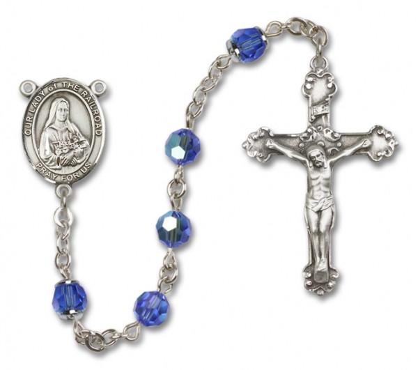 Our Lady of the Railroad Sterling Silver Heirloom Rosary Fancy Crucifix - Sapphire