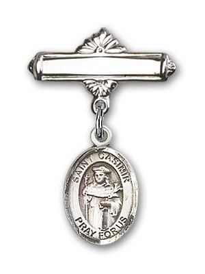 Pin Badge with St. Casimir of Poland Charm and Polished Engravable Badge Pin - Silver tone