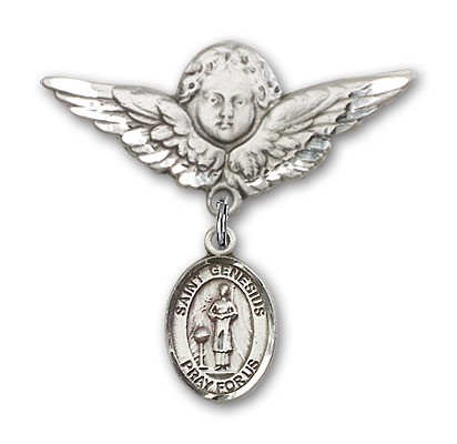 Pin Badge with St. Genesius of Rome Charm and Angel with Larger Wings Badge Pin - Silver tone
