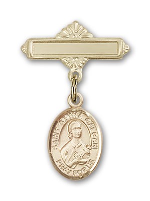 Pin Badge with St. Gemma Galgani Charm and Polished Engravable Badge Pin - 14K Solid Gold