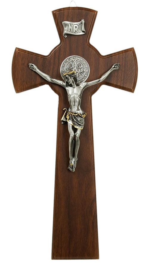 Hardwood St. Benedict Crucifix with Two-Tone Corpus 10 Inch - Brown
