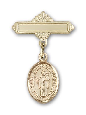 Pin Badge with St. Joseph the Worker Charm and Polished Engravable Badge Pin - Gold Tone