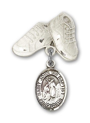 Pin Badge with St. John the Baptist Charm and Baby Boots Pin - Silver tone