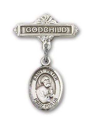 Pin Badge with St. Peter the Apostle Charm and Godchild Badge Pin - Silver tone