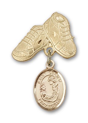 Pin Badge with St. Cecilia Charm and Baby Boots Pin - 14K Solid Gold