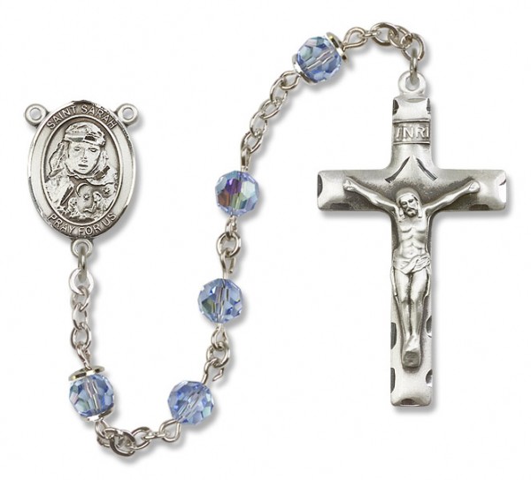 St. Sarah Sterling Silver Heirloom Rosary Squared Crucifix - Light Sapphire