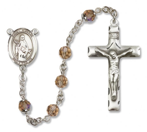 St. Amelia Sterling Silver Heirloom Rosary Squared Crucifix - Topaz