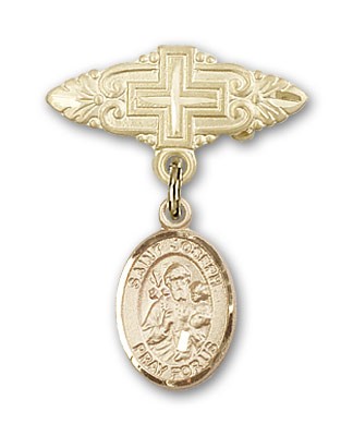 Pin Badge with St. Joseph Charm and Badge Pin with Cross - 14K Solid Gold