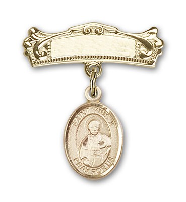 Pin Badge with St. Pius X Charm and Arched Polished Engravable Badge Pin - Gold Tone