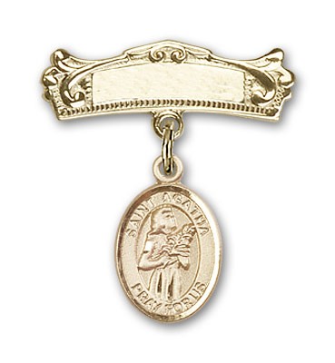 Pin Badge with St. Agatha Charm and Arched Polished Engravable Badge Pin - Gold Tone