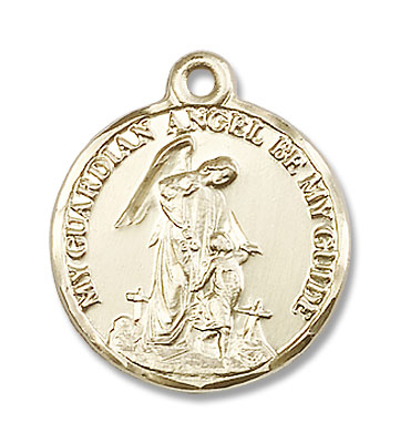 Round Guardian Angel Be My Guide Medal - 14K Solid Gold