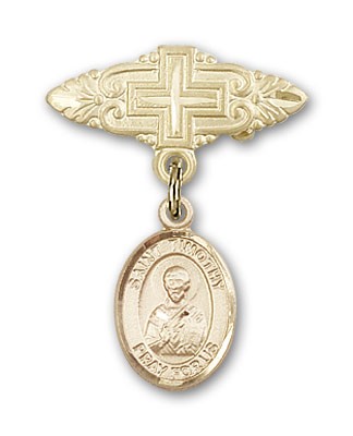 Pin Badge with St. Timothy Charm and Badge Pin with Cross - Gold Tone