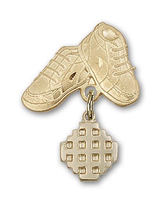 Baby Badge with Jerusalem Cross Charm and Baby Boots Pin - Gold Tone