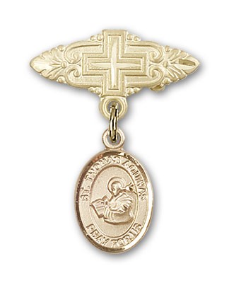 Pin Badge with St. Thomas Aquinas Charm and Badge Pin with Cross - 14K Solid Gold