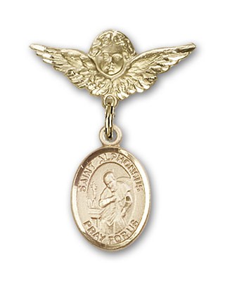 Pin Badge with St. Alphonsus Charm and Angel with Smaller Wings Badge Pin - 14K Solid Gold