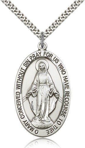 Men's Elongated Oval Miraculous Medal Necklace - Sterling Silver