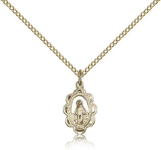 Open-Cut Miraculous Medal Necklace with Scalloped Border - 14KT Gold Filled