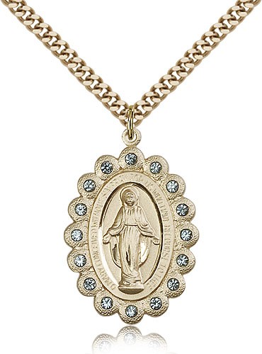 Miraculous Medal with Blue Swarovski Crystals - 14KT Gold Filled