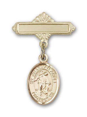 Pin Badge with Guardian Angel Charm and Polished Engravable Badge Pin - 14K Solid Gold
