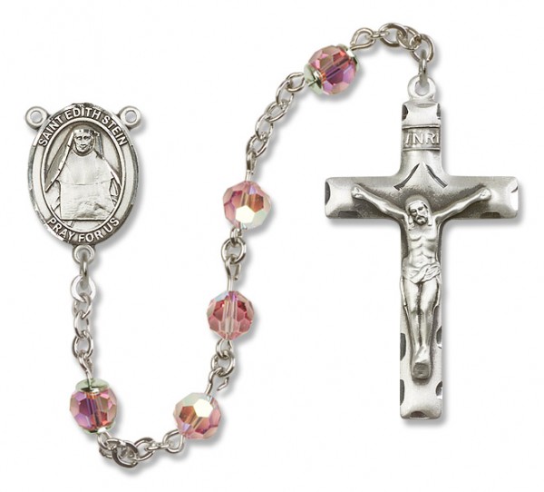 St. Edith Stein Sterling Silver Heirloom Rosary Squared Crucifix - Light Rose