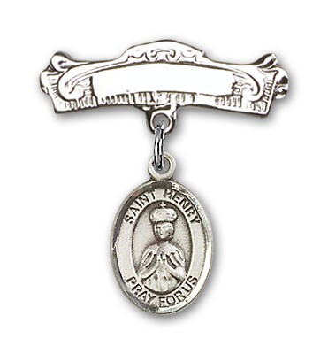 Pin Badge with St. Henry II Charm and Arched Polished Engravable Badge Pin - Silver tone