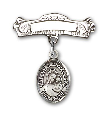 Pin Badge with Our Lady of Good Counsel Charm and Arched Polished Engravable Badge Pin - Silver tone