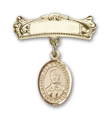 Pin Badge with Blessed Pier Giorgio Frassati Charm and Arched Polished Engravable Badge Pin - Gold Tone