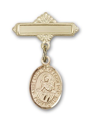 Pin Badge with St. Lidwina of Schiedam Charm and Polished Engravable Badge Pin - Gold Tone