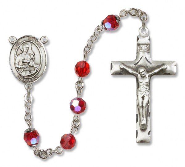 St. Gerard Majella Sterling Silver Heirloom Rosary Squared Crucifix - Ruby Red