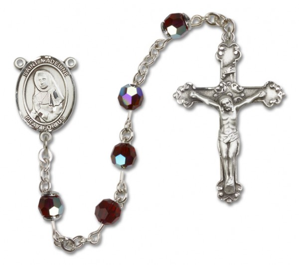 St. Madeline Sophie Barat Sterling Silver Heirloom Rosary Fancy Crucifix - Garnet