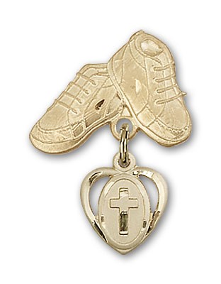 Baby Badge with Cross Charm and Baby Boots Pin - 14K Solid Gold