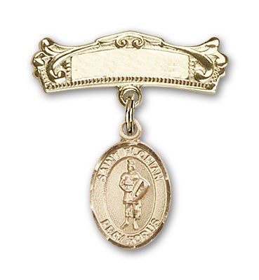 Pin Badge with St. Florian Charm and Arched Polished Engravable Badge Pin - 14K Solid Gold