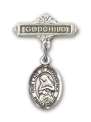 Baby Badge with Our Lady of Providence Charm and Godchild Badge Pin - Silver tone