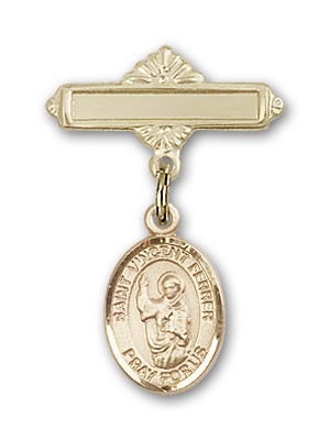 Pin Badge with St. Vincent Ferrer Charm and Polished Engravable Badge Pin - 14K Solid Gold