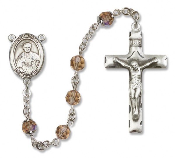 St. Pius X Sterling Silver Heirloom Rosary Squared Crucifix - Topaz