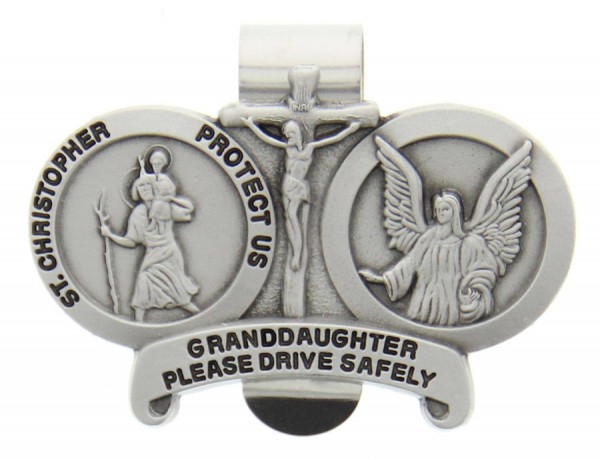 St. Christopher &amp; Guardian Angel Protect My Granddaughter Visor Clip Pewter - Silver