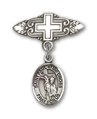 Pin Badge with St. Paul of the Cross Charm and Badge Pin with Cross - Silver tone