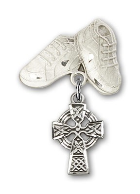 Baby Badge with Celtic Cross Charm and Baby Boots Pin - Silver tone