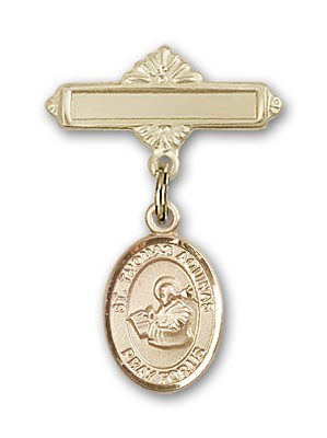 Pin Badge with St. Thomas Aquinas Charm and Polished Engravable Badge Pin - 14K Solid Gold