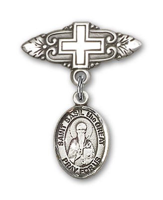 Pin Badge with St. Basil the Great Charm and Badge Pin with Cross - Silver tone