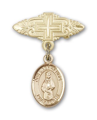 Pin Badge with Our Lady of Hope Charm and Badge Pin with Cross - 14K Solid Gold