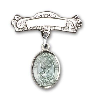 Pin Badge with St. Christopher Charm and Arched Polished Engravable Badge Pin - Silver | Blue