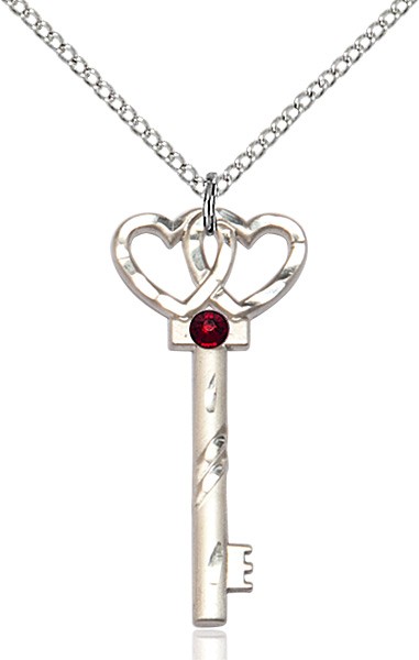 Small Key with Double Heart Pendant and Birthstone - Garnet