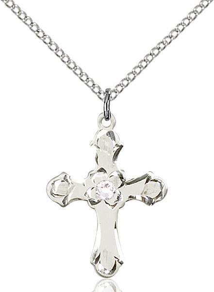 Medium Budded Cross Pendant with Etched Border Birthstone Options - Crystal