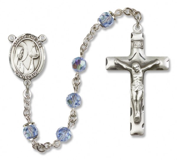 Our Lady of the Sea Sterling Silver Heirloom Rosary Squared Crucifix - Light Sapphire