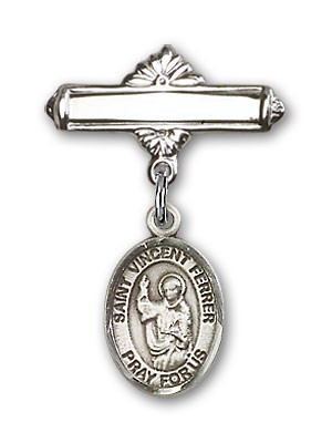 Pin Badge with St. Vincent Ferrer Charm and Polished Engravable Badge Pin - Silver tone