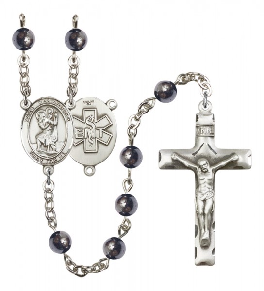 Men's St. Christopher EMT Silver Plated Rosary - Gray