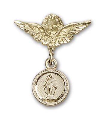 Baby Pin with Miraculous Charm and Angel with Smaller Wings Badge Pin - Gold Tone