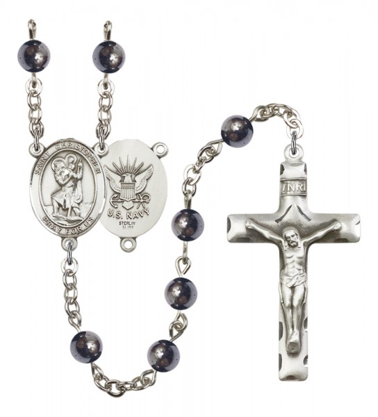 Men's St. Christopher Navy Silver Plated Rosary - Gray