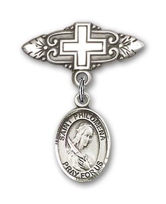 Pin Badge with St. Philomena Charm and Badge Pin with Cross - Silver tone